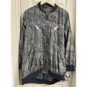 Rock & Republic Women's Large‎ Army Camouflage Bomber Jacket Embroidered Birds